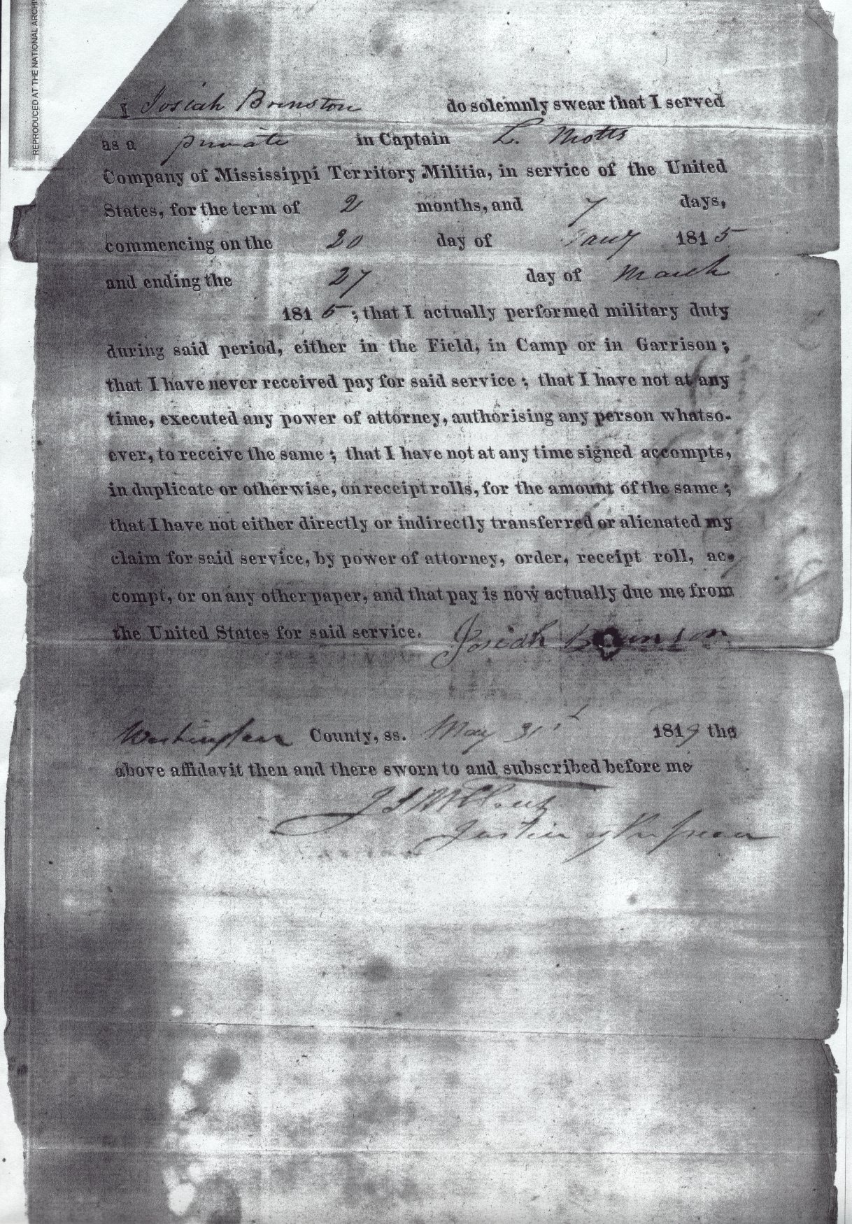 Josiah Affidavit of Military Service in War of 1812